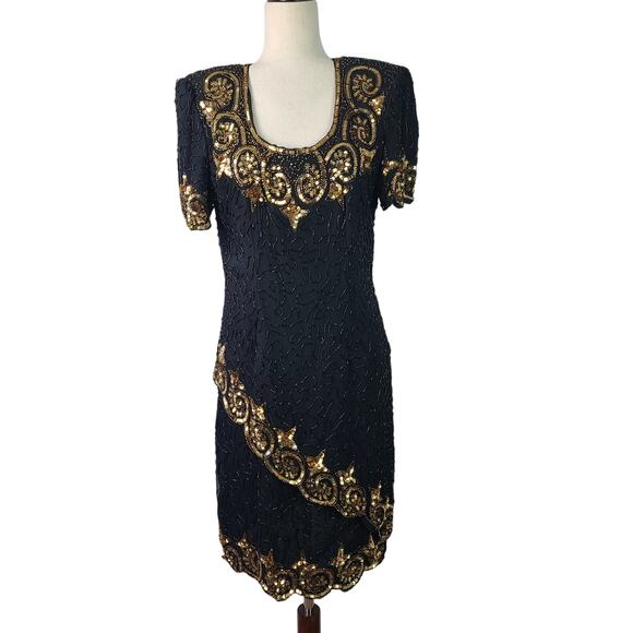 Stenay Black Gold Sequins Beaded Silk Vintage Bling Cocktail Party Dress 12 - Picture 1 of 4